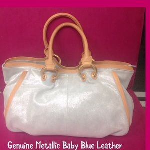Genuine Silvery Blue Metallic Suede Leather Satchel-NWT